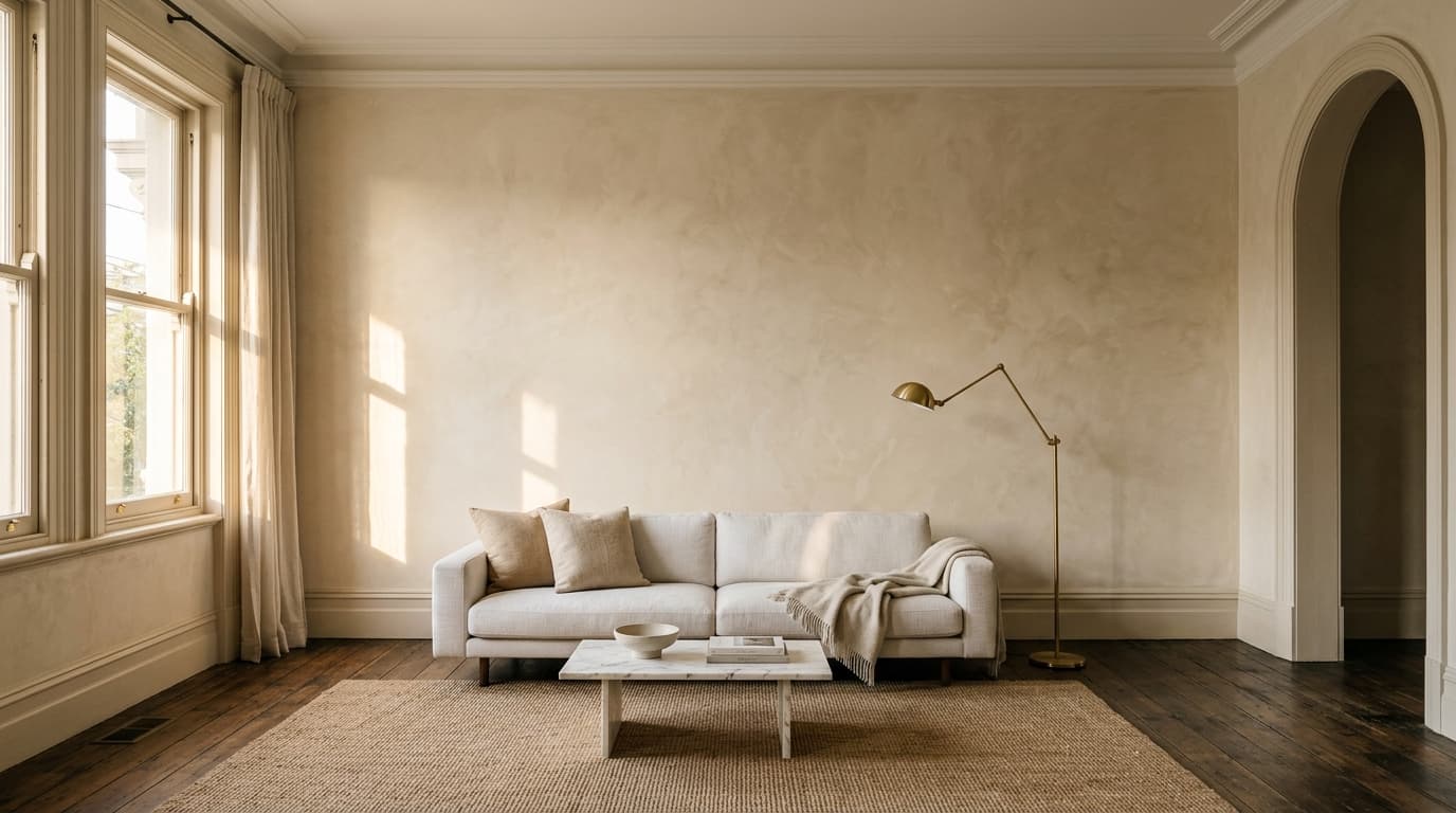 Classic Venetian plaster feature wall in a Sydney Victorian terrace living room